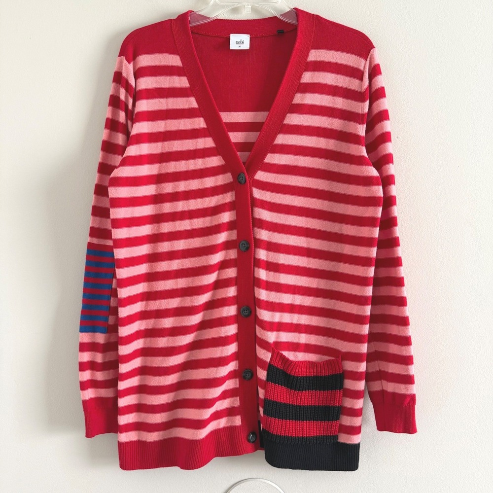 Cabi Red Pink Striped Button Front V-Neck Cardigan Eclectic Sweater Womens M